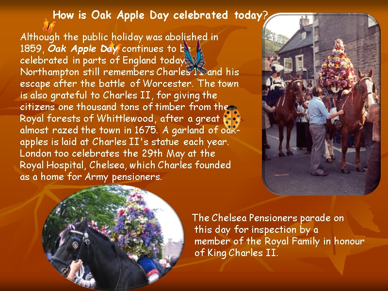 How is Oak Apple Day celebrated today? Although the public holiday was abolished in